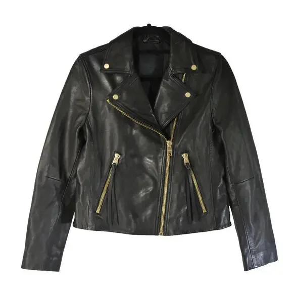 AllSaints Dalby Slim Fit Leather Biker Jacket Black/Gold - Picture 10 of 13